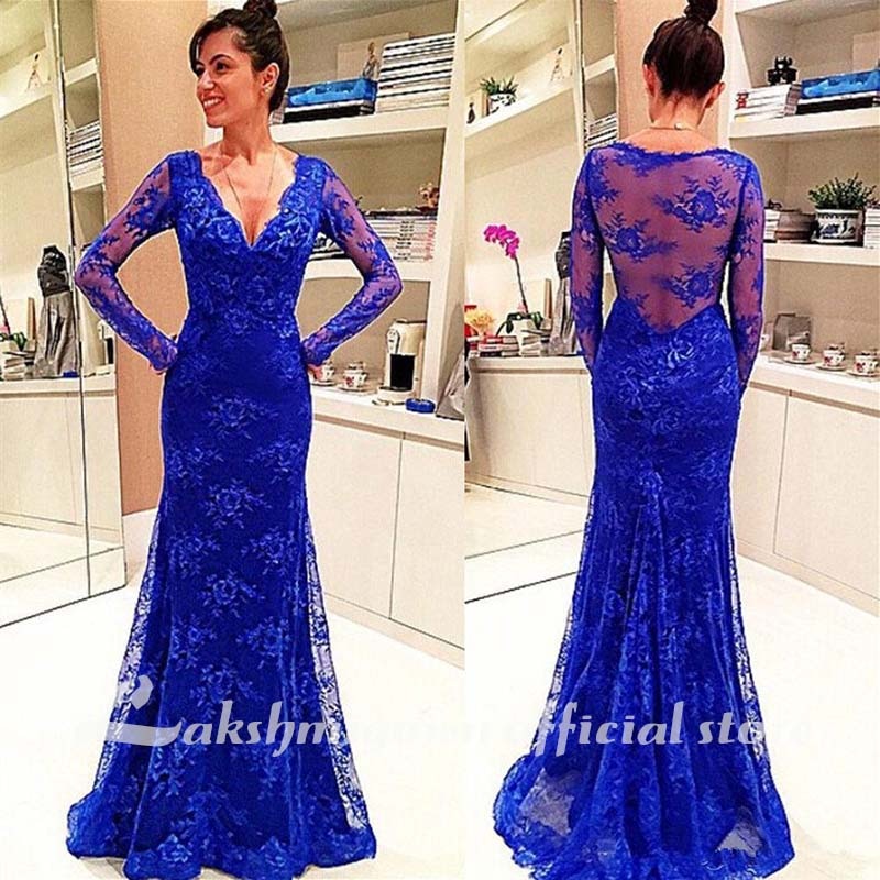 Charming Long Sleeve Tulle Royal Blue Applique Ball Gown Prom Dresses with  Beads OKN74 – Demodresses